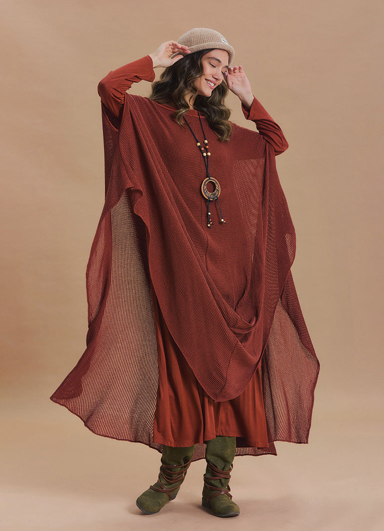 Boat Neck Asymmetrical Double Layer Terracotta Knit Maxi Dress