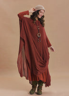 Boat Neck Asymmetrical Double Layer Terracotta Knit Maxi Dress