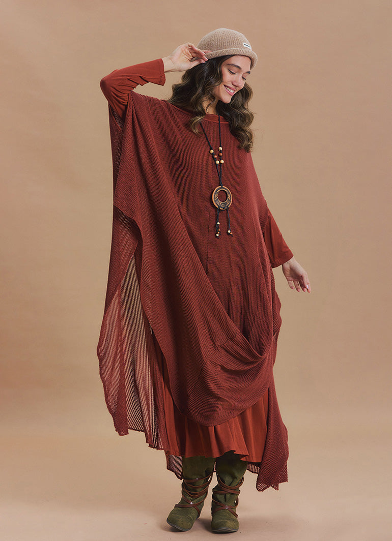 Boat Neck Asymmetrical Double Layer Terracotta Knit Maxi Dress