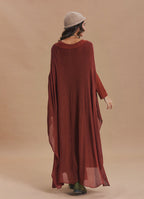 Boat Neck Asymmetrical Double Layer Terracotta Knit Maxi Dress