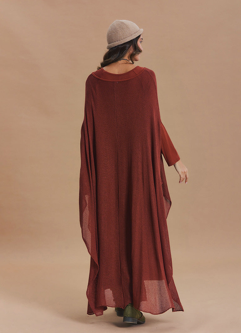 Boat Neck Asymmetrical Double Layer Terracotta Knit Maxi Dress