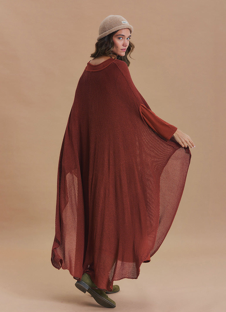 Boat Neck Asymmetrical Double Layer Terracotta Knit Maxi Dress