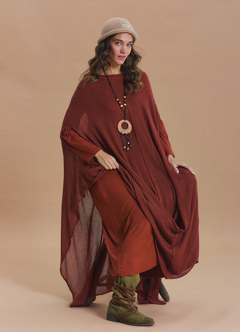 Boat Neck Asymmetrical Double Layer Terracotta Knit Maxi Dress