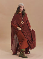 Boat Neck Asymmetrical Double Layer Terracotta Knit Maxi Dress