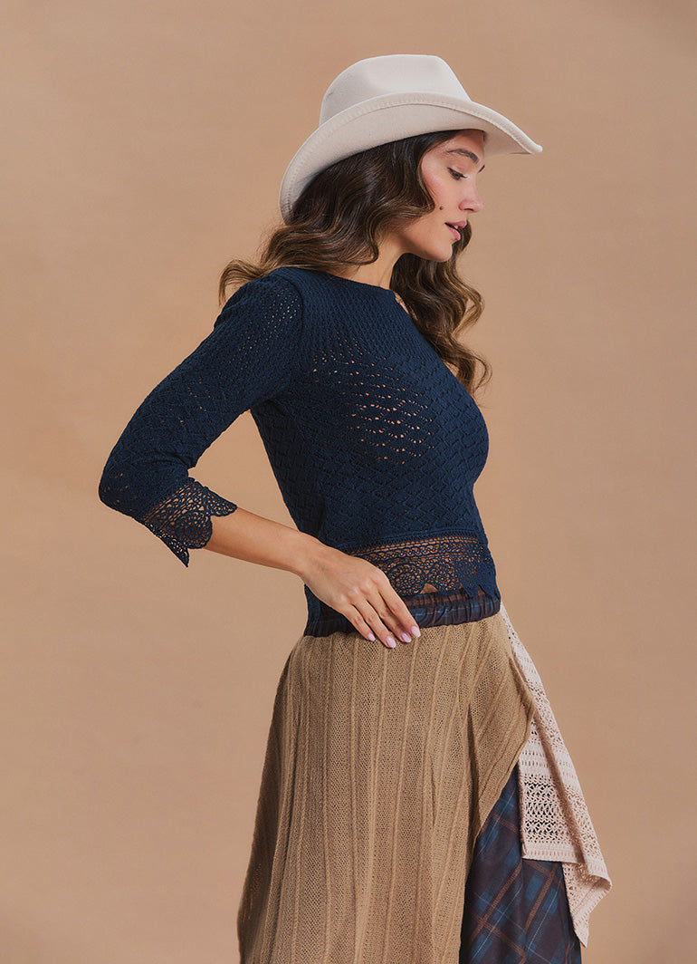 Crew Neck Lace Knit Detail Black Womens Knit Top