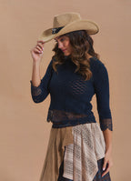 Crew Neck Lace Knit Detail Black Womens Knit Top