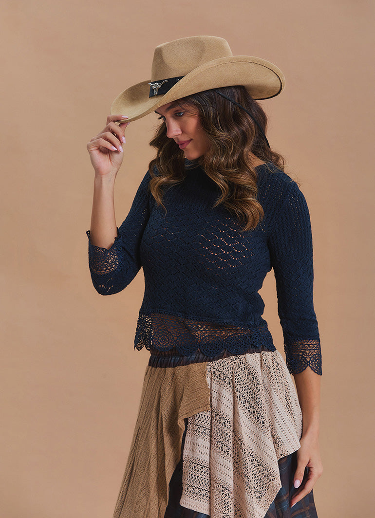 Crew Neck Lace Knit Detail Black Womens Knit Top