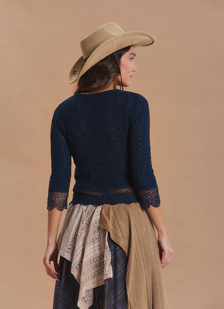 Crew Neck Lace Knit Detail Black Womens Knit Top