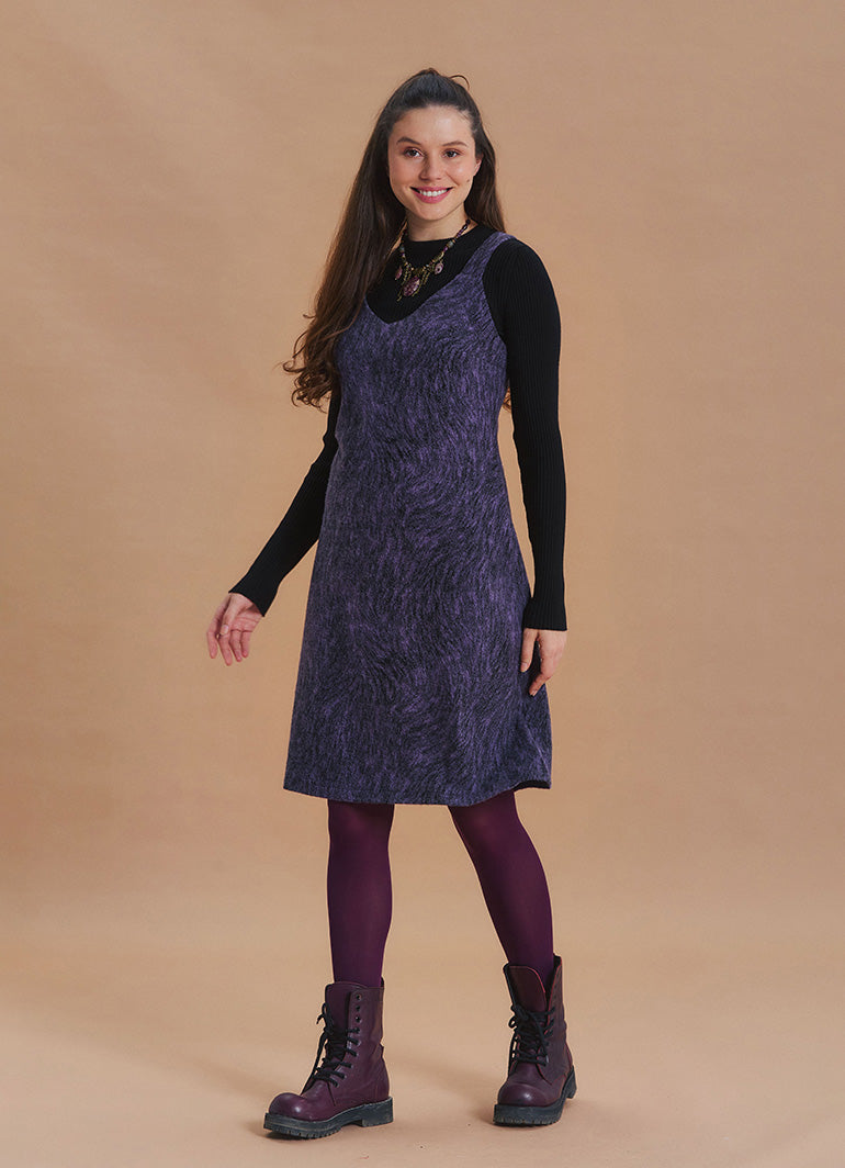 V Neck Thick Strap Purple Winter Pinafore Dress