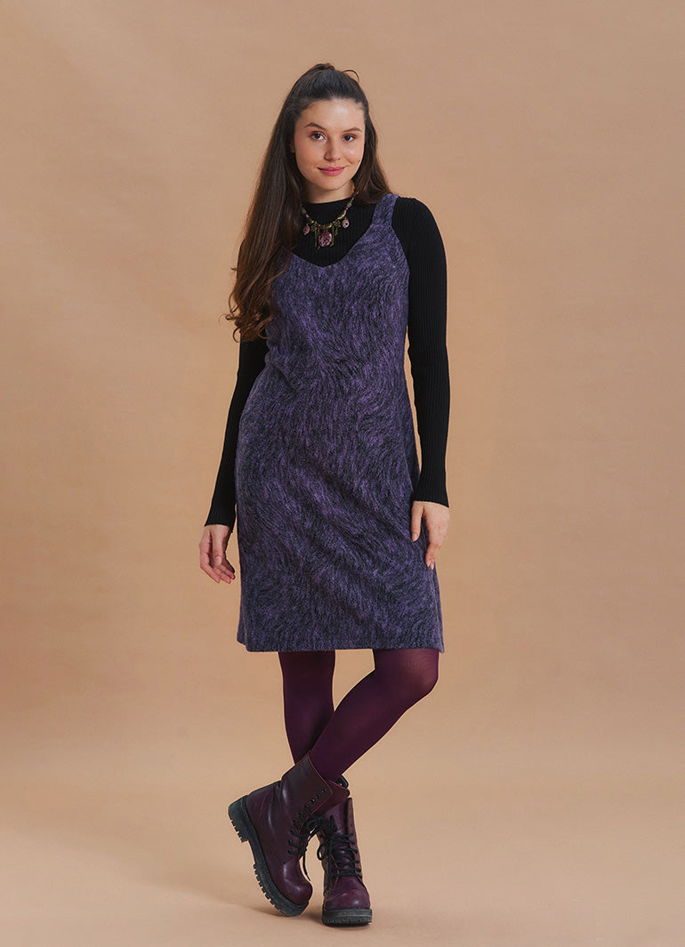 V Neck Thick Strap Purple Winter Pinafore Dress