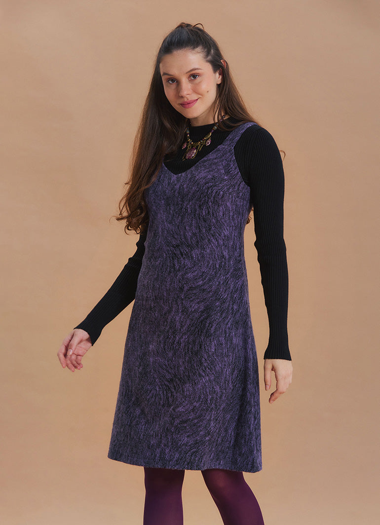V Neck Thick Strap Purple Winter Pinafore Dress