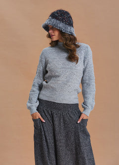 High Neck Openwork Knit Grey Womens Sweater