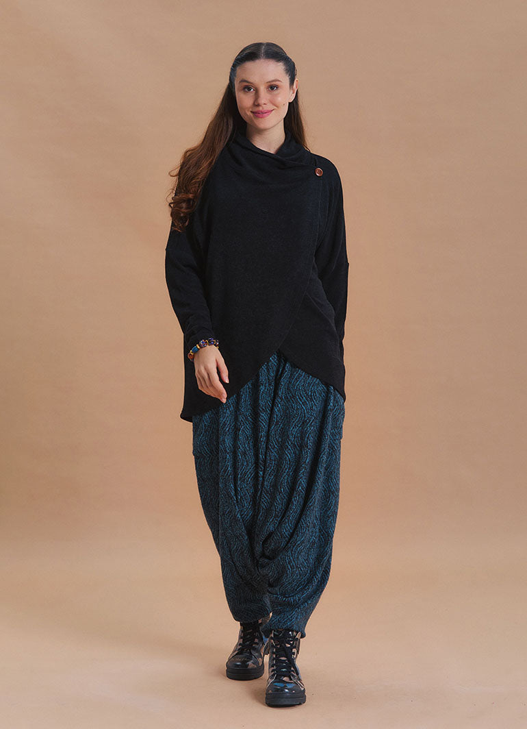 Cowl Neck Button Detail Black Knit Cardigan