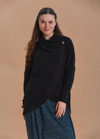 Cowl Neck Button Detail Black Knit Cardigan