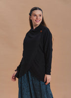 Cowl Neck Button Detail Black Knit Cardigan