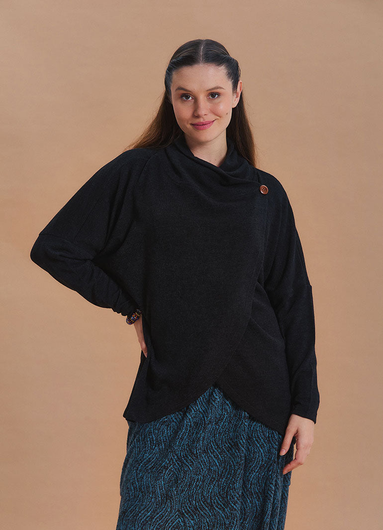 Cowl Neck Button Detail Black Knit Cardigan