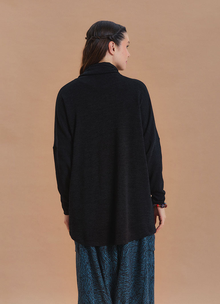 Cowl Neck Button Detail Black Knit Cardigan
