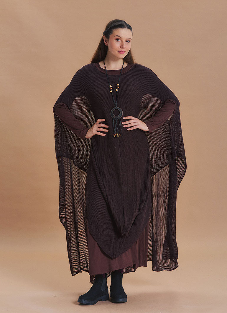 Boat Neck Asymmetrical Double Layer Brown Knit Maxi Dress