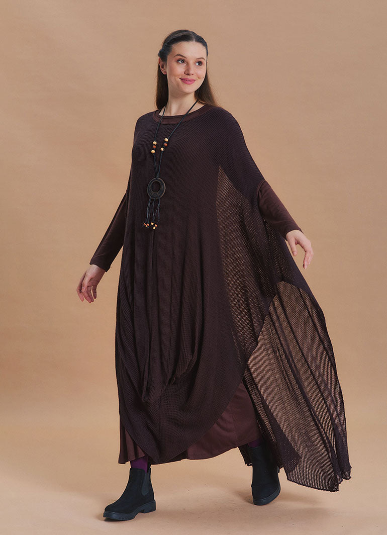 Boat Neck Asymmetrical Double Layer Brown Knit Maxi Dress