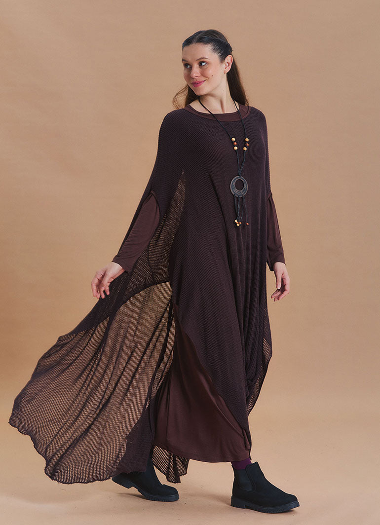 Boat Neck Asymmetrical Double Layer Brown Knit Maxi Dress