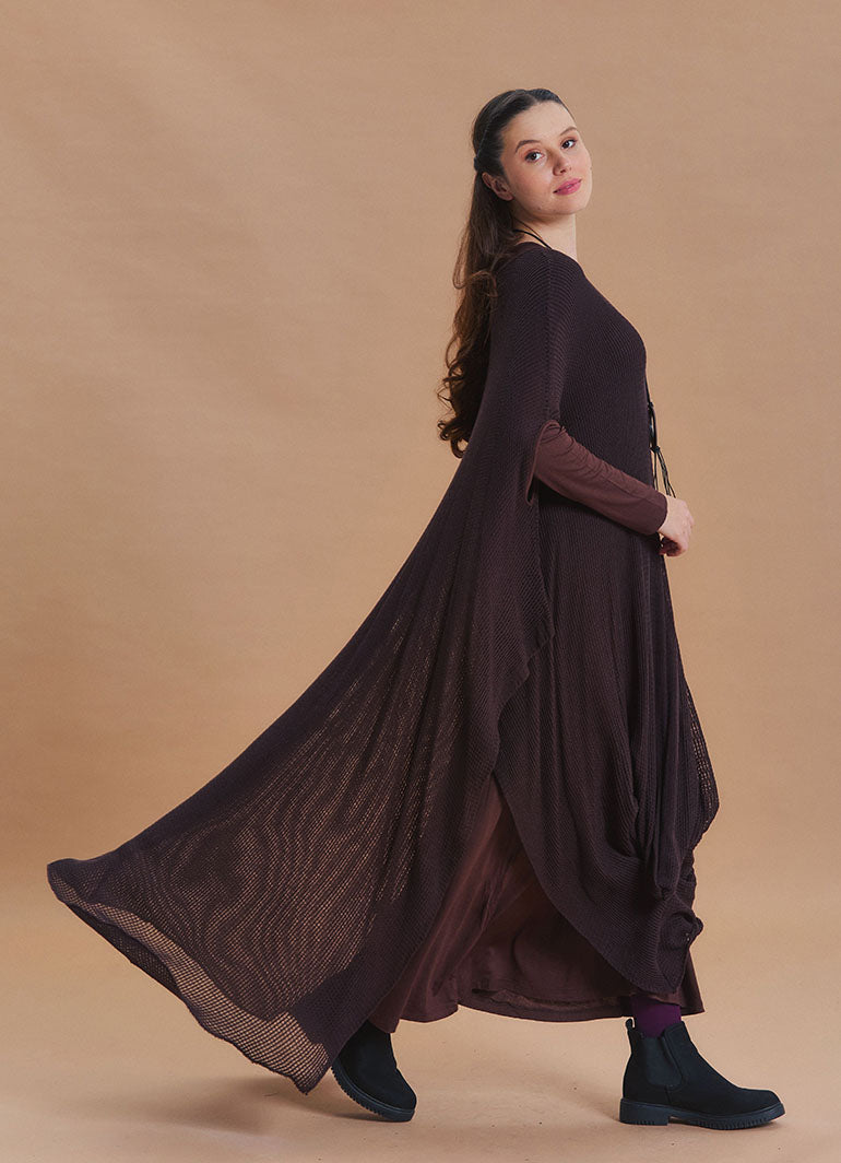 Boat Neck Asymmetrical Double Layer Brown Knit Maxi Dress
