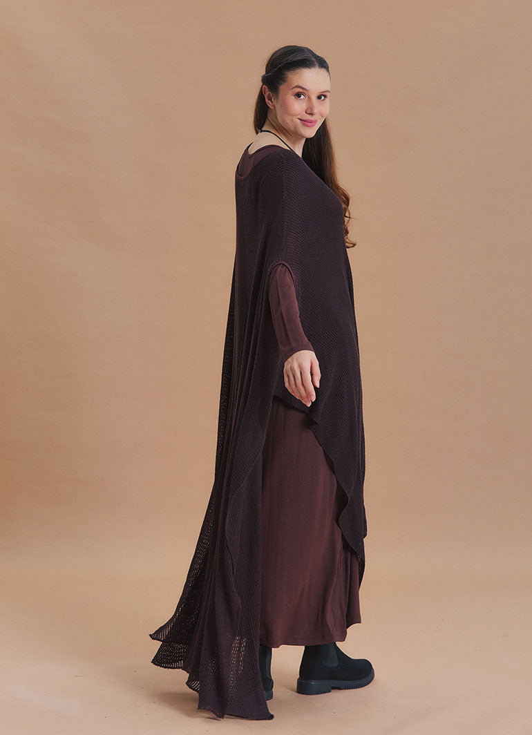 Boat Neck Asymmetrical Double Layer Brown Knit Maxi Dress