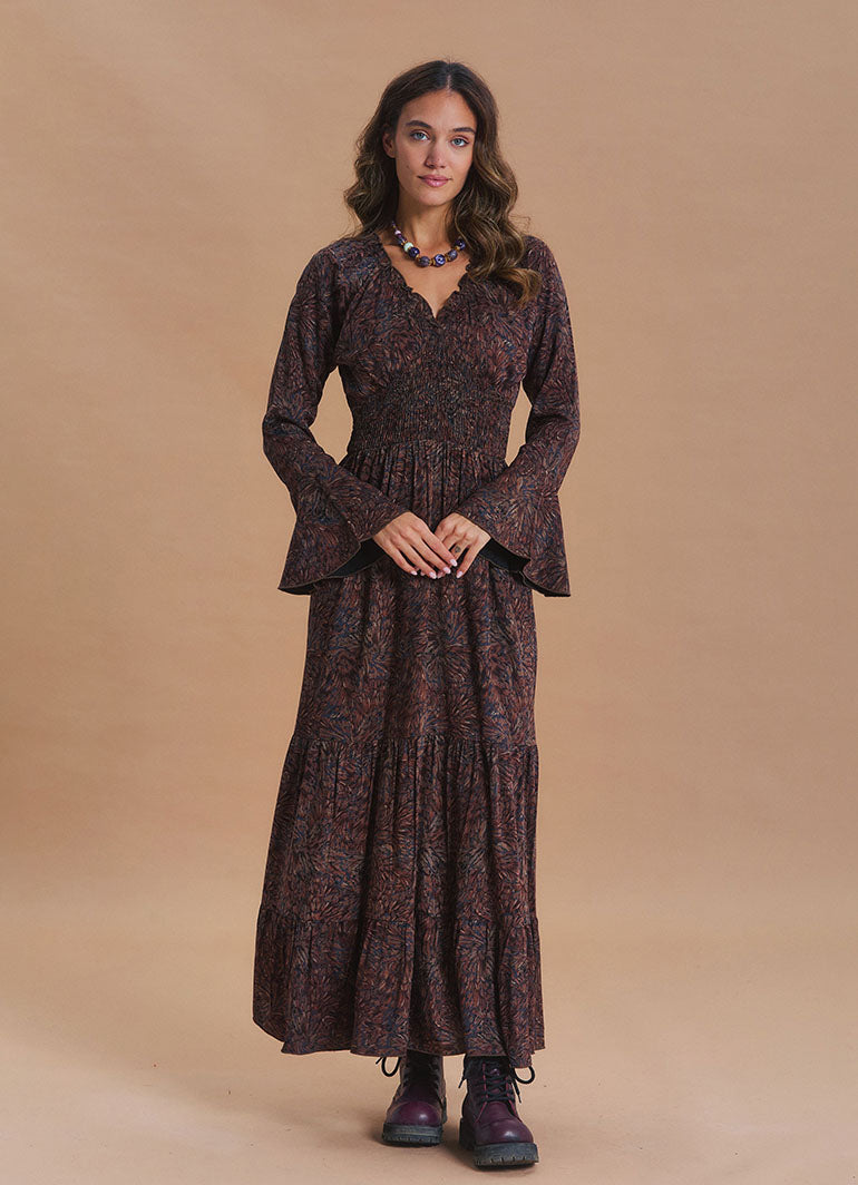 V Neck Spanish Sleeve Smocked Brown Patterned Winter Dress