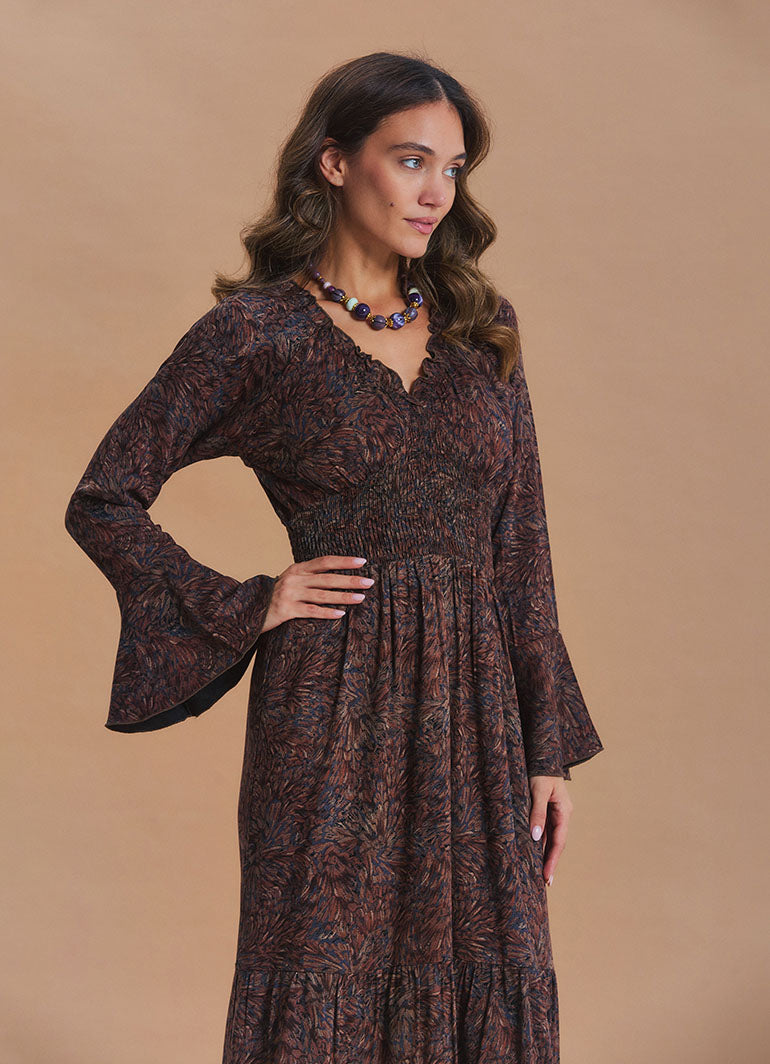 V Neck Spanish Sleeve Smocked Brown Patterned Winter Dress