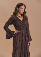 V Neck Spanish Sleeve Smocked Brown Patterned Winter Dress