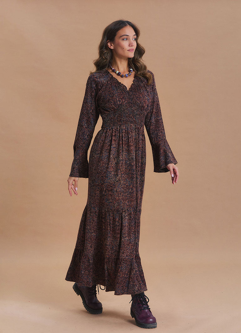 V Neck Spanish Sleeve Smocked Brown Patterned Winter Dress
