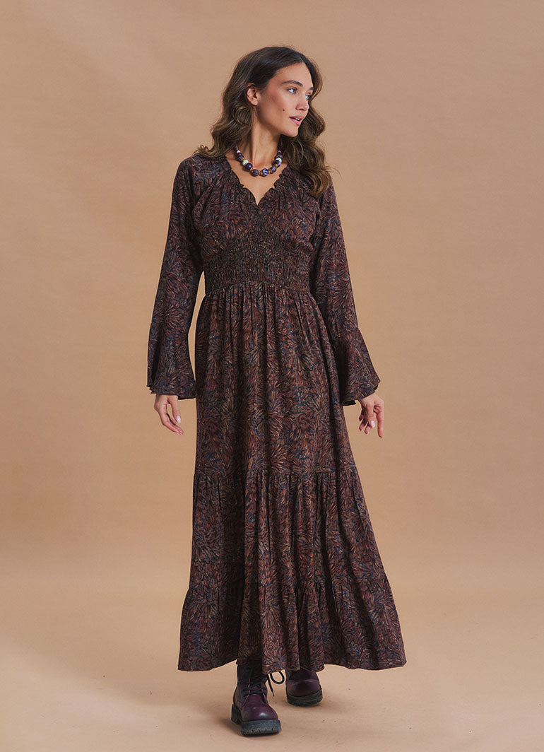 V Neck Spanish Sleeve Smocked Brown Patterned Winter Dress