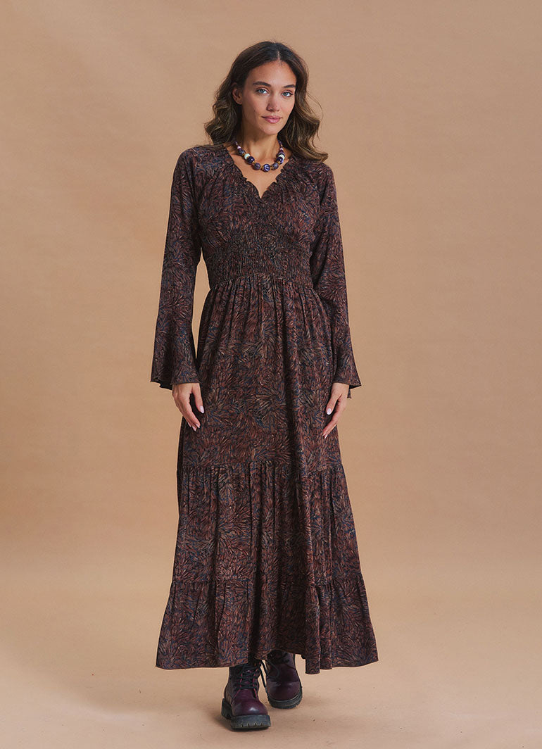 V Neck Spanish Sleeve Smocked Brown Patterned Winter Dress