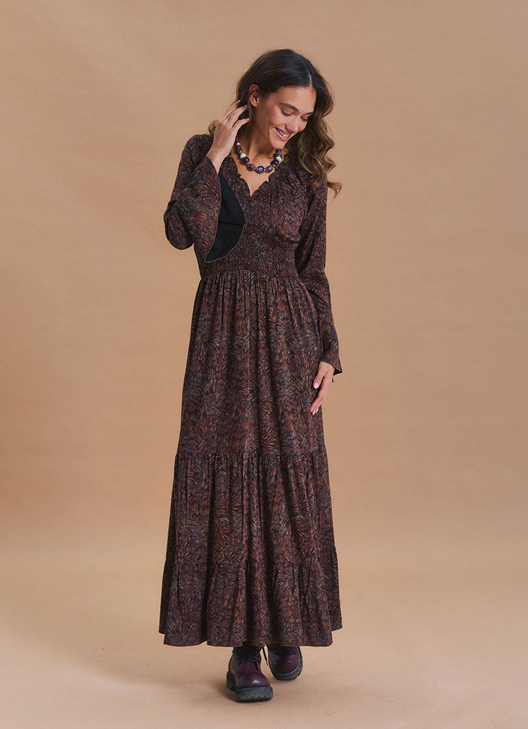 V Neck Spanish Sleeve Smocked Brown Patterned Winter Dress