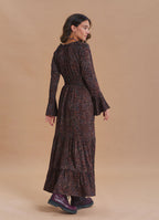 V Neck Spanish Sleeve Smocked Brown Patterned Winter Dress