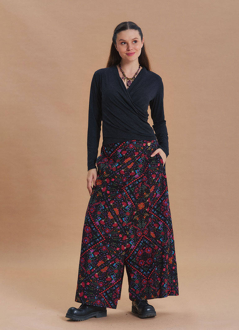 Wrap Front Coconut Button Pocket Black Ethnic Print Wide Leg Pants