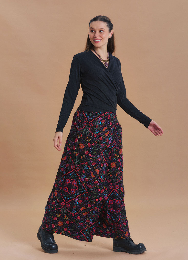 Wrap Front Coconut Button Pocket Black Ethnic Print Wide Leg Pants