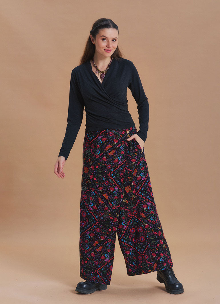 Wrap Front Coconut Button Pocket Black Ethnic Print Wide Leg Pants