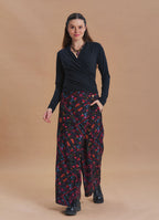 Wrap Front Coconut Button Pocket Black Ethnic Print Wide Leg Pants