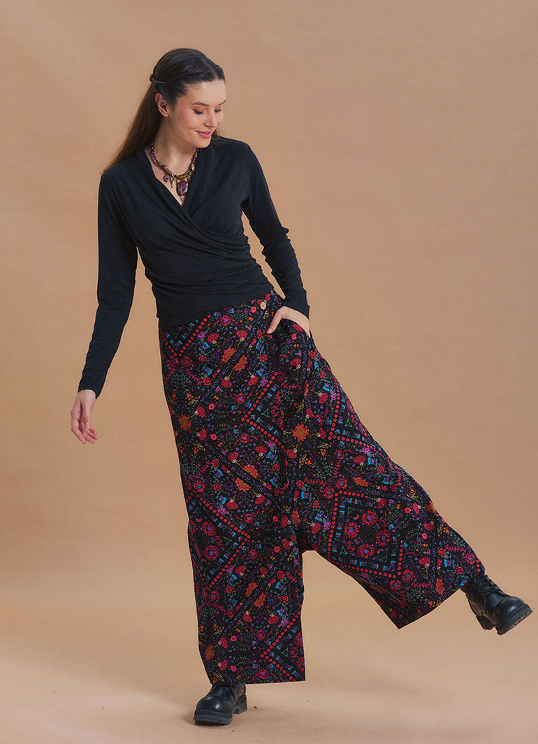 Wrap Front Coconut Button Pocket Black Ethnic Print Wide Leg Pants
