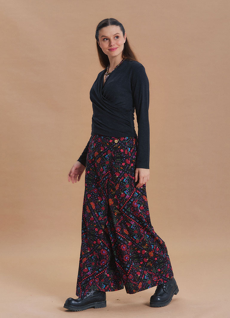 Wrap Front Coconut Button Pocket Black Ethnic Print Wide Leg Pants