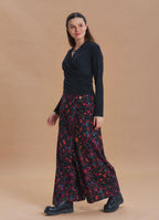 Wrap Front Coconut Button Pocket Black Ethnic Print Wide Leg Pants