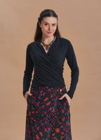 Wrap Neck Draped Black Long Sleeve Blouse