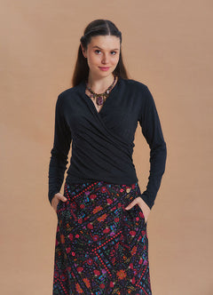 Wrap Neck Draped Black Long Sleeve Blouse