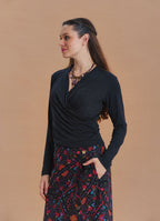Wrap Neck Draped Black Long Sleeve Blouse