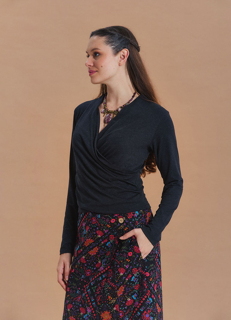 Wrap Neck Draped Black Long Sleeve Blouse