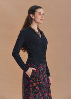 Wrap Neck Draped Black Long Sleeve Blouse