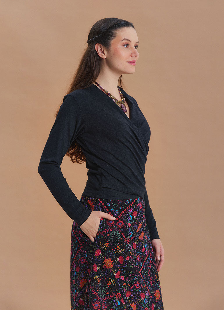 Wrap Neck Draped Black Long Sleeve Blouse