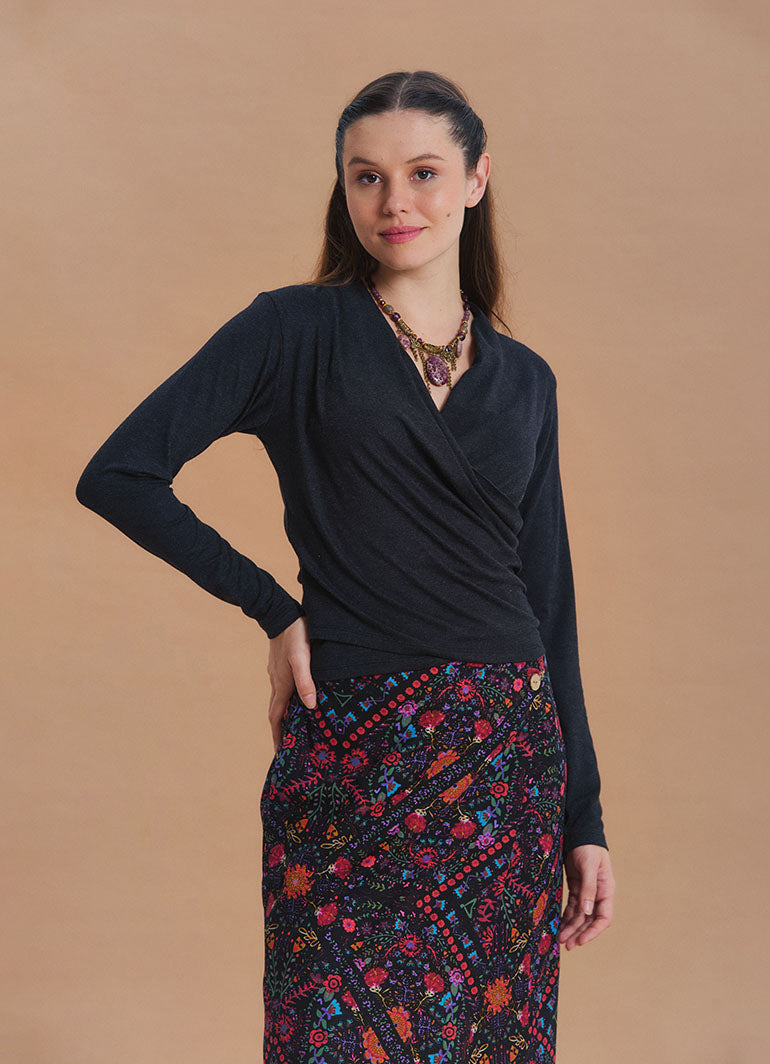 Wrap Neck Draped Black Long Sleeve Blouse