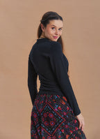 Wrap Neck Draped Black Long Sleeve Blouse