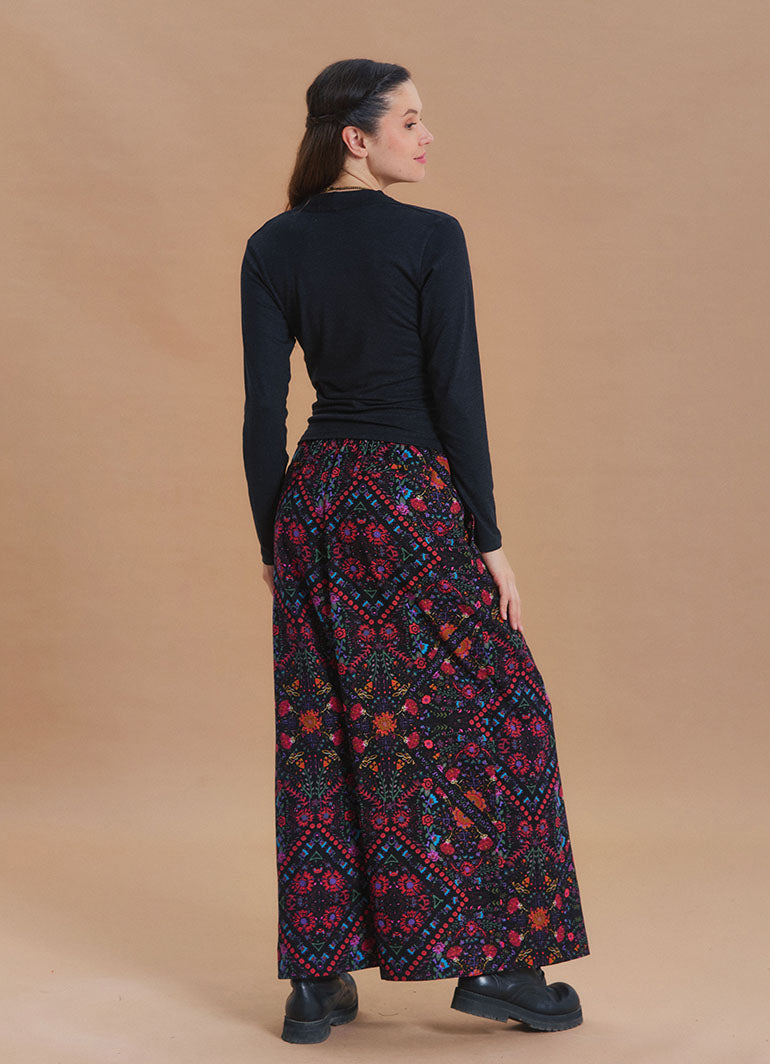 Wrap Front Coconut Button Pocket Black Ethnic Print Wide Leg Pants